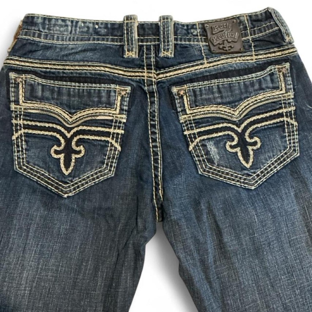 Rock Revival Frank Straight Jeans Mens 34 Dark Wash‎ Thick Stitch Blue